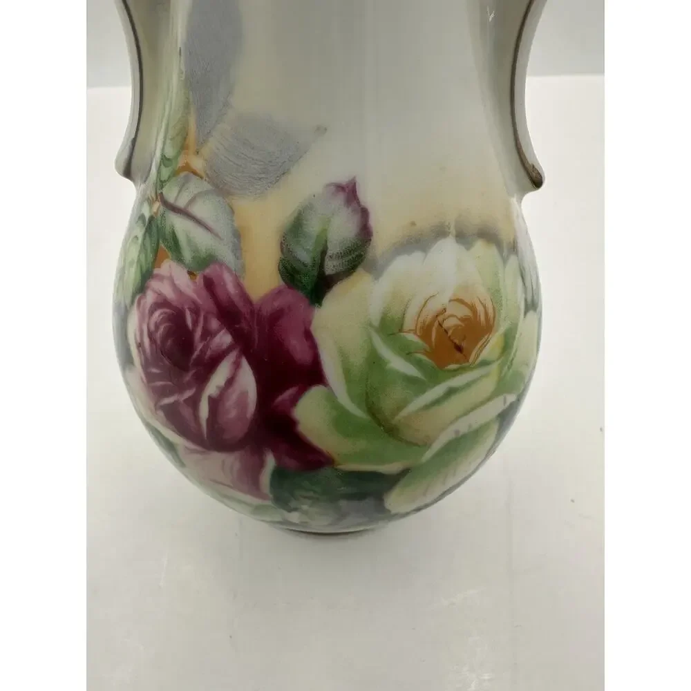 Vintage Arnart Floral Porcelain Vase Double Handle Gold Trim Japan